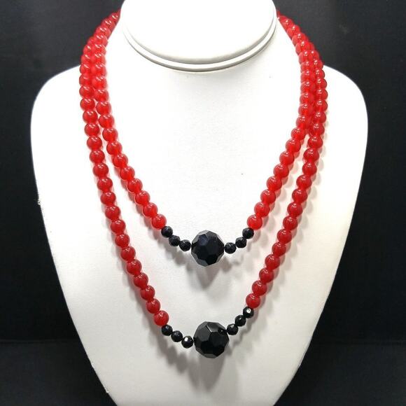 Red Black Glass Beaded Necklace, Two Strands, 18 Inches, Toggle Clasp On Wire - Picture 2 of 7